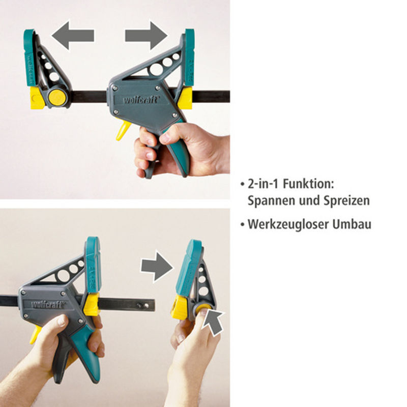 Wolfcraft EHZ Einhandzwinge PRO100/450mm mit Kunststoff-Elementen in Schwarz, Gelb und Türkis - Bild 5