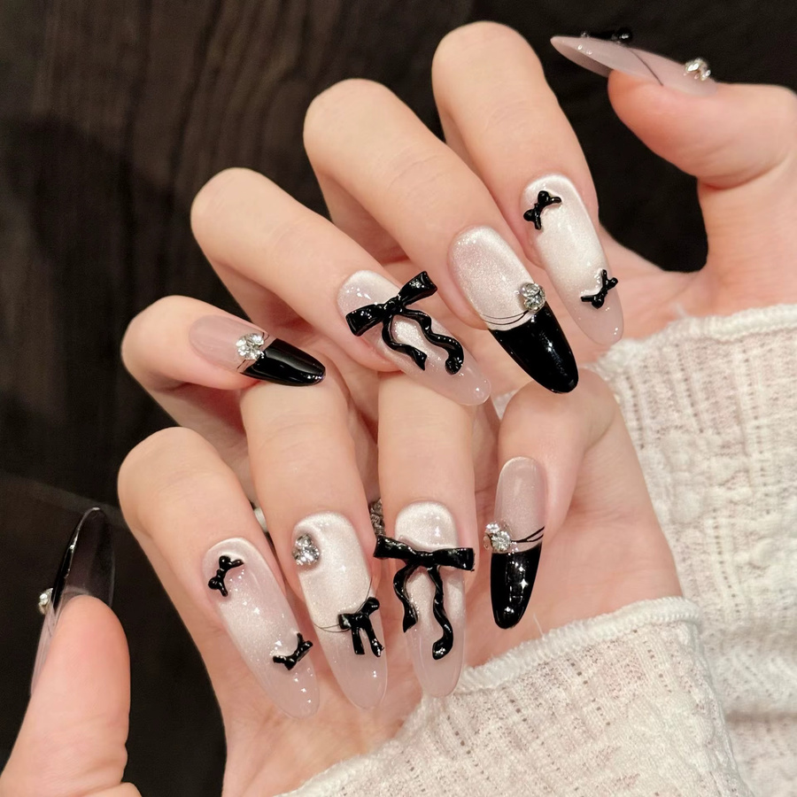 YADORNOS Fake Nails, Mandel French Press on Nails, 3D Bow Decor, Cat's Eye, Glänzend - Bild 2