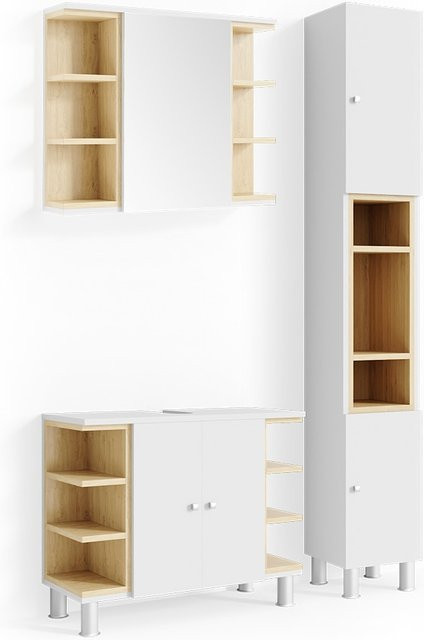 Vicco Badmöbel Set AQUIS in Weiß und Eiche bestehend aus Waschtischunterschrank, Hochschrank und Spiegel - Bild 1