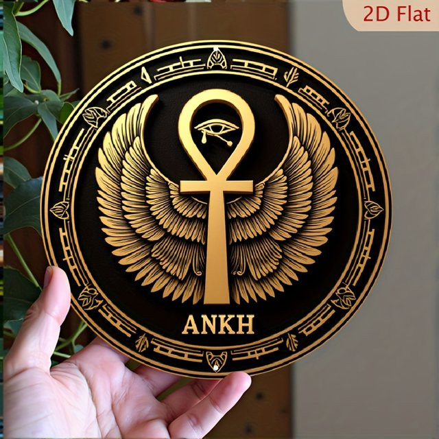 Potdemiel Ägyptisches Ankh-Symbol und Horus Wanddekoration aus Metall, kreisförmig, Gold auf Schwarz, Durchmesser: 20 cm - Bild 1