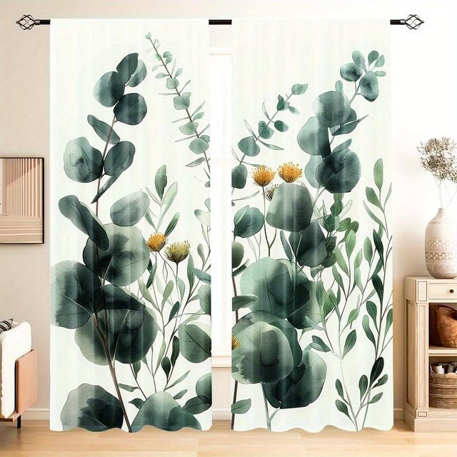 2er-Set Yiran Furniture Vorhänge mit grünem Blumenmuster im Landhausstil, Breite: 100 cm, Höhe: 160 cm - Bild 1