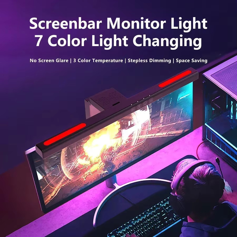 GGBEE LED-Monitorleuchte in Schwarz mit RGB-Beleuchtung und Touch-Steuerung, gebogene Schreibtischlampe für flache Bildschirme, Breite: 40 cm - Bild 2