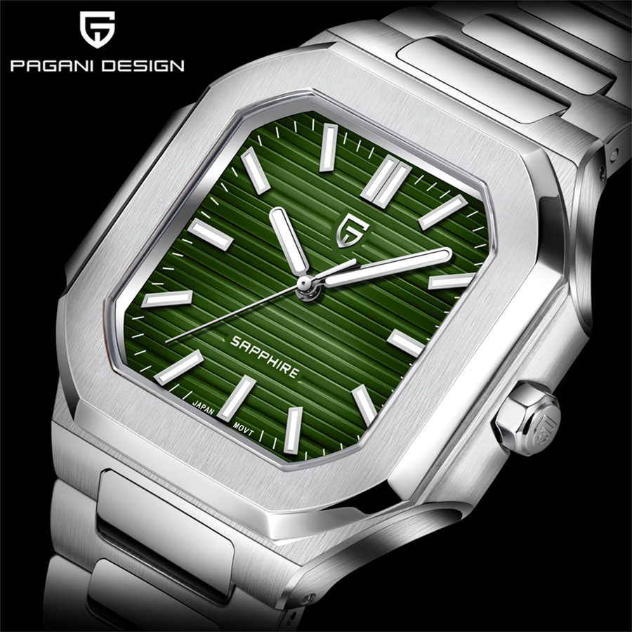 PAGANI DESIGN Armbanduhr, Quarz, Edelstahl, 37 mm, Herren, Silber, Grün - Bild 3
