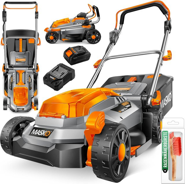 MASKO Akku Rasenmäher ECO-X10 18V mit Akkus, Doppel-Ladegerät, Handschuhen und Bürste, Schnitthöhenverstellung 25-75 mm, Schnittbreite 33/37/43 cm - Bild 1