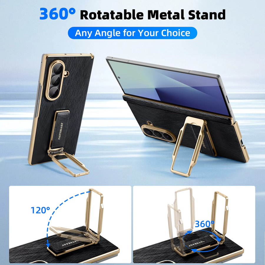 Oatsbasf Handyhülle für Samsung Galaxy Fold 7 aus Leder mit Trageriemen und 360 Grad drehbarem Metallständer in Schwarz und Silber - Bild 3