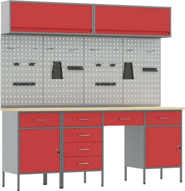 vidaXL Werkbank mit 10-teiligem Zubehör und Pegboard aus Holz und Stahl in Rot - Bild 1