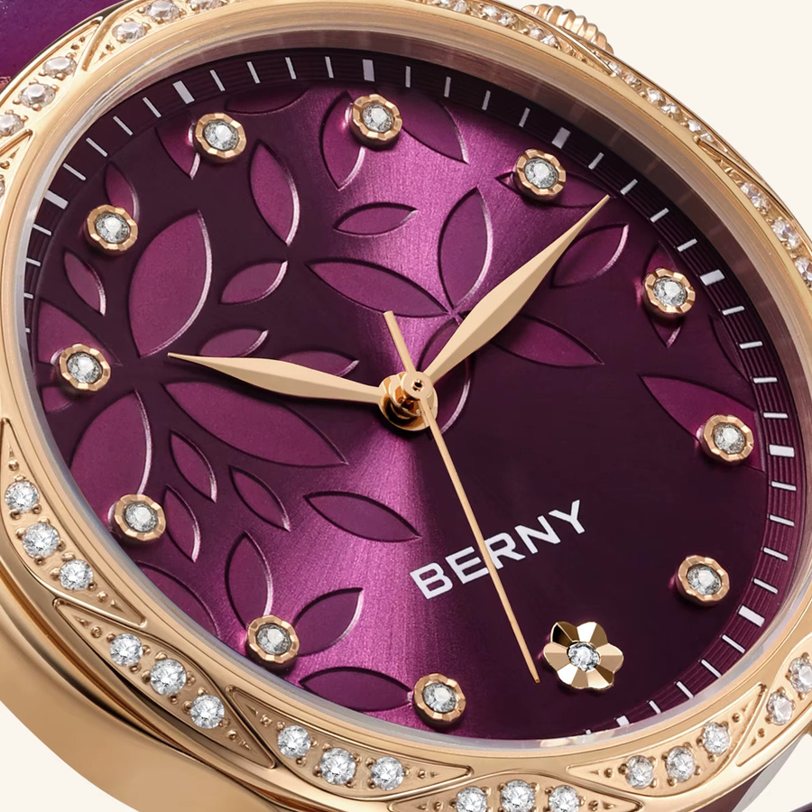 BERNY Armbanduhr Quarz, Roségoldgehäuse, lila, Diamant, Zirkonia, Leder, Damen - Bild 3