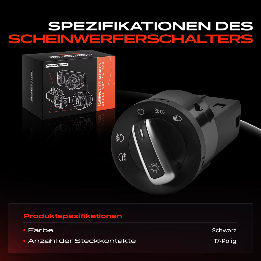 Frankberg Lichtschalter Hauptschalter in Schwarz für Seat Alhambra, Bora, Caddy III und Golf IV - Bild 2