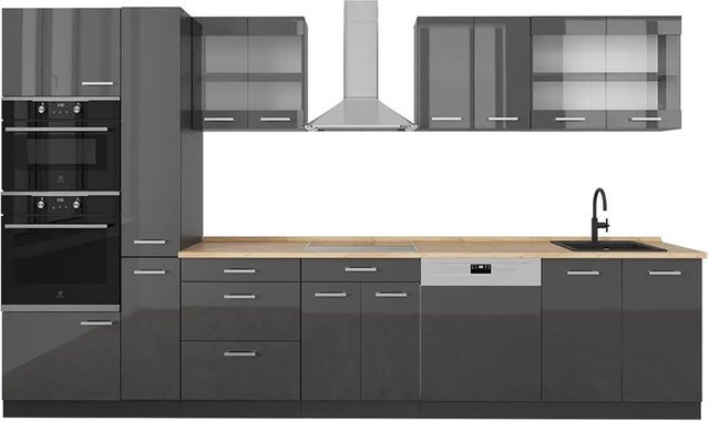 Vicco R-Line Küchenzeile Anthrazit Hochglanz und Eiche, Breite: 350 cm - Bild 1