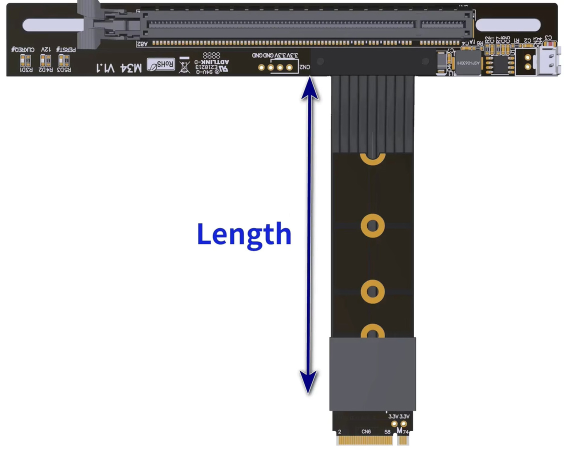 ADT-Link PCIe X4 4.0 M.2 NVMe zu X16 FFC Grafikkarten-Verlängerungskabel mit DC-Stromverstärkung für ATX aufrechte GPU in Schwarz - Bild 4