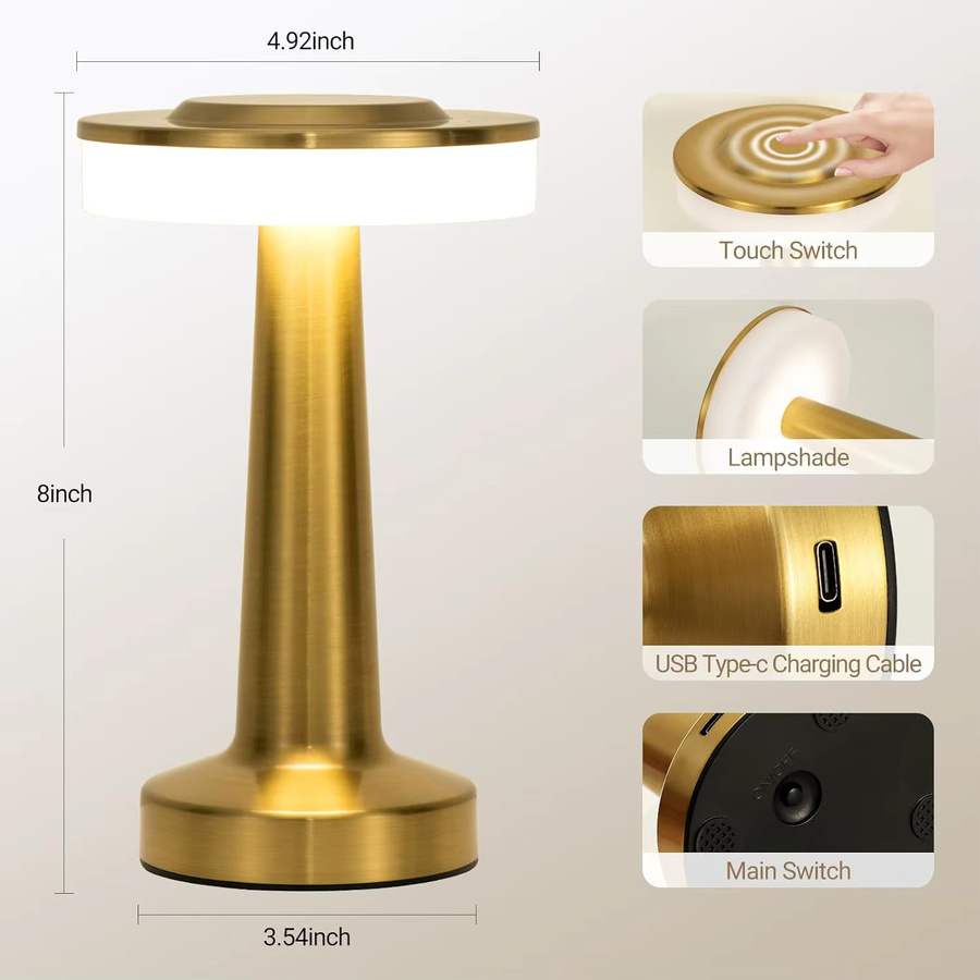 DBF LED-Tischlampe im Retro-Design, Gold/Messing, wiederaufladbar, Touch-dimmbar mit 3 Farbmodi, B/T/H: 20,32 x 12,5 x 12,5 cm - Bild 3