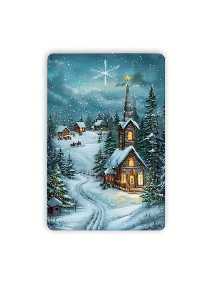 MINISO Vintage-Weihnachtsdorf Metallblechschild in Mehrfarbig, Rechteckige Wandkunst für Innen- und Außenbereich, B/H: 30 x 20 cm - Bild 2