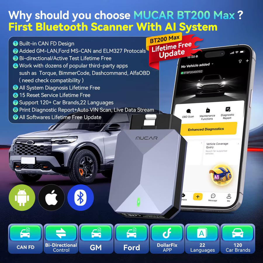 MUCAR BT200 MAX Kfz-Diagnosegerät mit Bluetooth, OBD2 Scanner mit CANFD, bidirektionaler Steuerung und 15 Reset-Funktionen für die Vollsystem-Diagnose - Bild 2