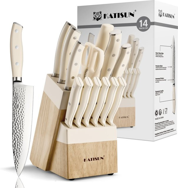 Katisun 14-teiliges Küchenmesser-Set aus Kohlenstoffstahl mit Messerblock, Schärfer und Schere, gehämmertes Muster und ergonomische Griffe - Bild 1