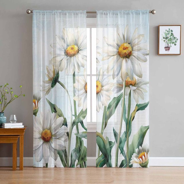 Super Six Transparente Tüllvorhänge mit floralem Gänseblümchen-Muster in Weiß und Blau, Breite: 135 cm, Höhe: 114 cm - Bild 1