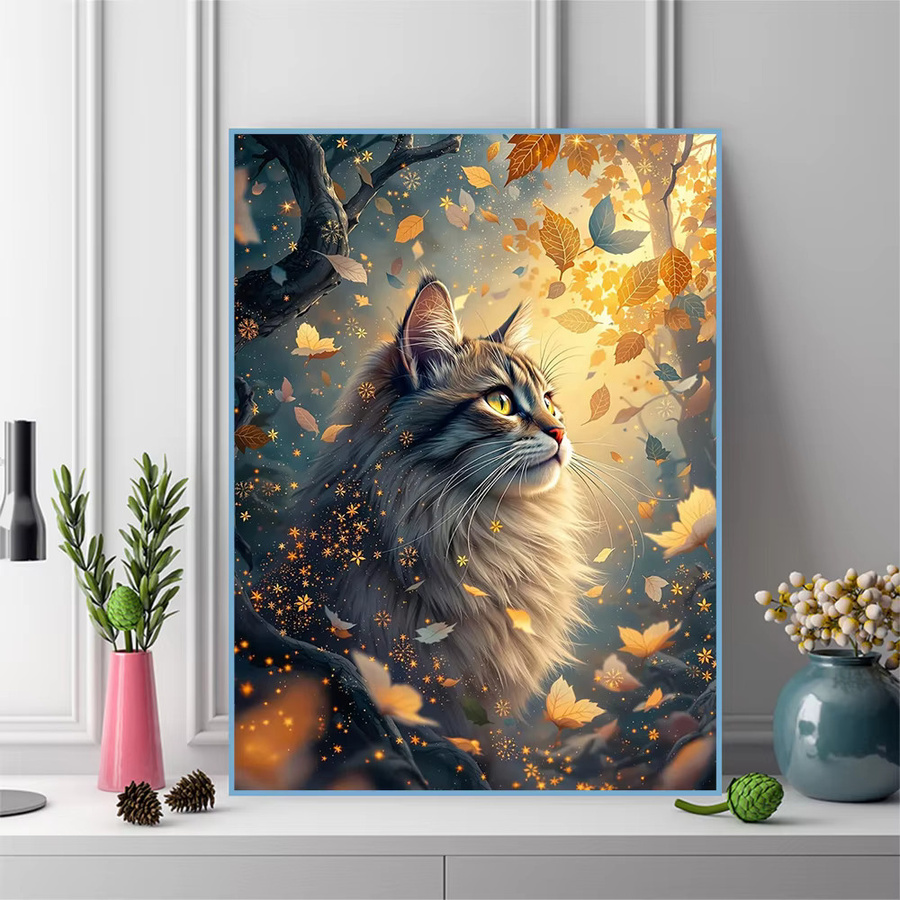 EverShine Diamant-Mosaik-Katzenbild mit Strass-Malerei in Multicolour, Tiermotiv mit Blättern zur Heimdekoration, B/H: 30 x 30 cm - Bild 3