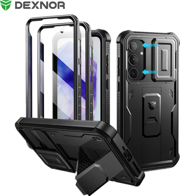 Dexnor Schutzhülle für Samsung Galaxy A55, 6,6 Zoll, mit Kamerabdeckung, integriertem Displayschutz und Ständer, Schwarz - Bild 1