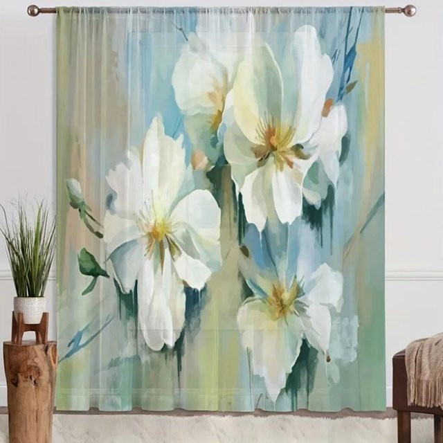 Verdunkelungs-Vorhang mit blau-weißem Blumendruck, B: 55 cm, H: 120 cm - Bild 1