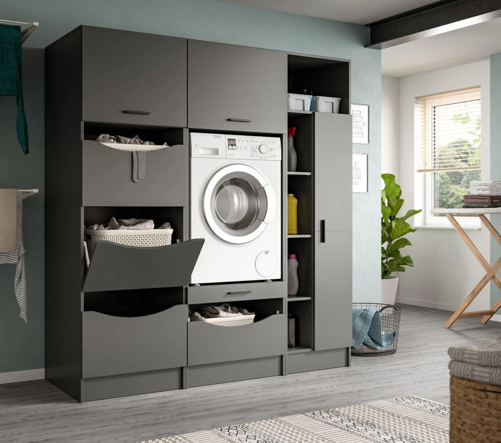 Waschmaschinenumbau Set Flexy in Grau, modernes Badmöbel-Set mit Soft-Close-Türen und Regalen, B/H: 176 x 196 cm - Bild 2