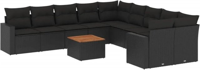 vidaXL 11-teilige Garten-Sofagarnitur in L-Form mit Kissen und Couchtisch, Schwarz, Poly-Rattan und Metallrahmen - Bild 1