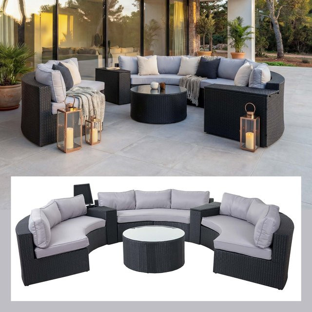 MCW Lounge-Set Lier aus Poly-Rattan mit rundem XXL Sofa und grauen Kissen in Anthrazit - Bild 1