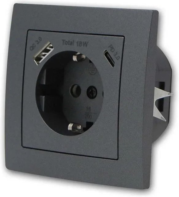 McPower FLAIR Schuko Steckdose in Anthrazit mit USB-C Anschluss und Rahmen - Bild 1