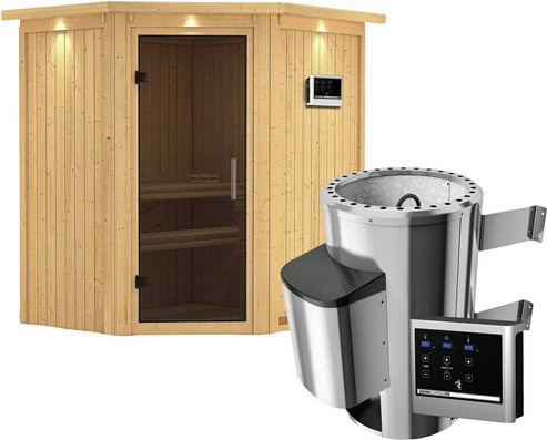 Karibu Sauna Tuckum in Beige mit 3.6 kW Saunaofen und externer Steuerung für 3 Personen, B: 198 cm, T: 151 cm, H: 170 cm - Bild 1