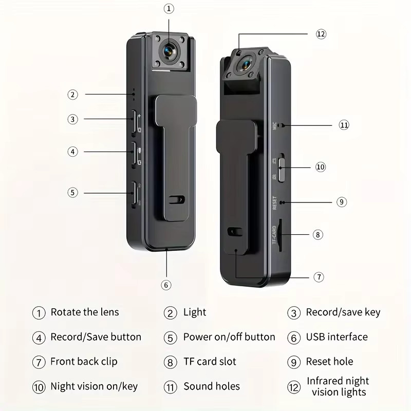 DIXSG Mini A9 Handkamera 1080P HD mit Infrarot-Nachtsicht und Rückclip-Funktion in Schwarz - Bild 4