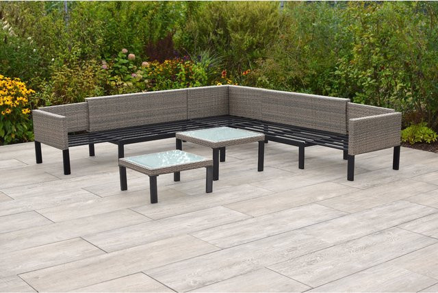 Merxx Lounge Set Amantea aus Polyrattan in Grau mit doppelt ausziehbarem Ecksofa, zwei Tischen sowie Sitz- und Rückenkissen - Bild 1