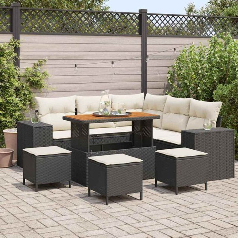 Vidaxl Garten-Sofa-Set mit 9 Teilen, modulares Rattan-Set mit Polstern und Speicherfunktion, Schwarz und Creme - Bild 1
