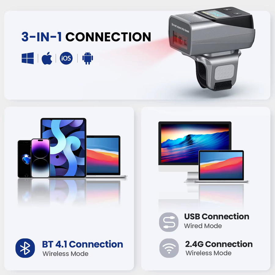 Eyoyo EY-038 Bluetooth-Barcodescanner mit Mini-Display, tragbarer 1D und 2D Barcodeleser für iPad, iPhone und Computer - Bild 6