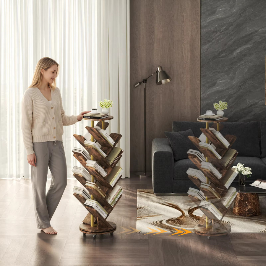 Patbrela Bücherregal mit 8 Regalen und 17 Fächern auf Rollen, platzsparendes Baumregal in Braun - Bild 5