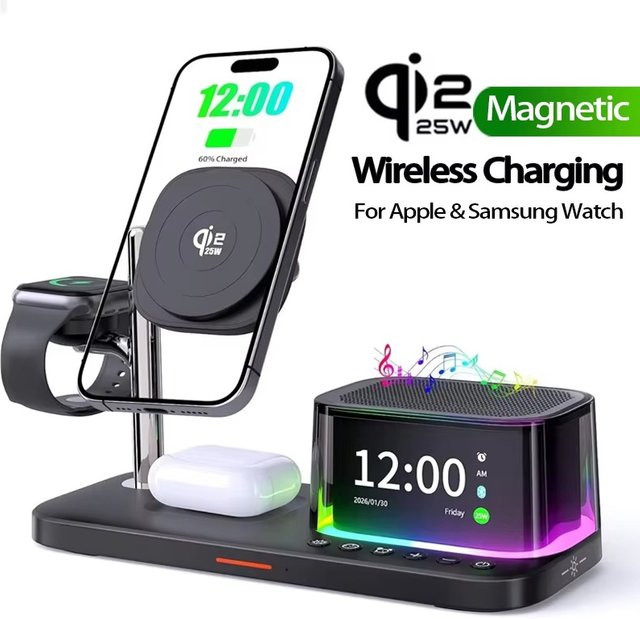 Opansten 25W Magnetisches kabelloses Ladegerät mit Bluetooth-Lautsprecher und RGB-Licht für iPhone, Apple Watch und AirPods in Schwarz oder Weiß - Bild 1