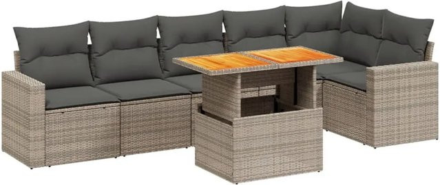 vidaXL 7-teilige Garten-Sofagarnitur aus Poly-Rattan und Akazienholz in Grau mit Kissen - Bild 1