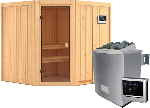 Karibu Sauna Kotka aus Fichte mit 9 kW Ofen, externem Steuergerät und bronzierter Glastür, Farbe: Braun, B/T/H: 196 x 196 x 198 cm - Bild 1