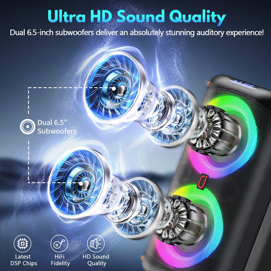 FanFun Karaoke-Maschine mit 2 kabellosen Mikrofonen, tragbarer Bluetooth 5.3 Karaoke-Lautsprecher und PA-System in Schwarz - Bild 2