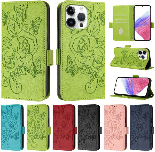 HKNR Leder Handyhülle mit Blumenmuster als Brieftasche und Flip-Cover für iPhone Modelle in Grün - Bild 1