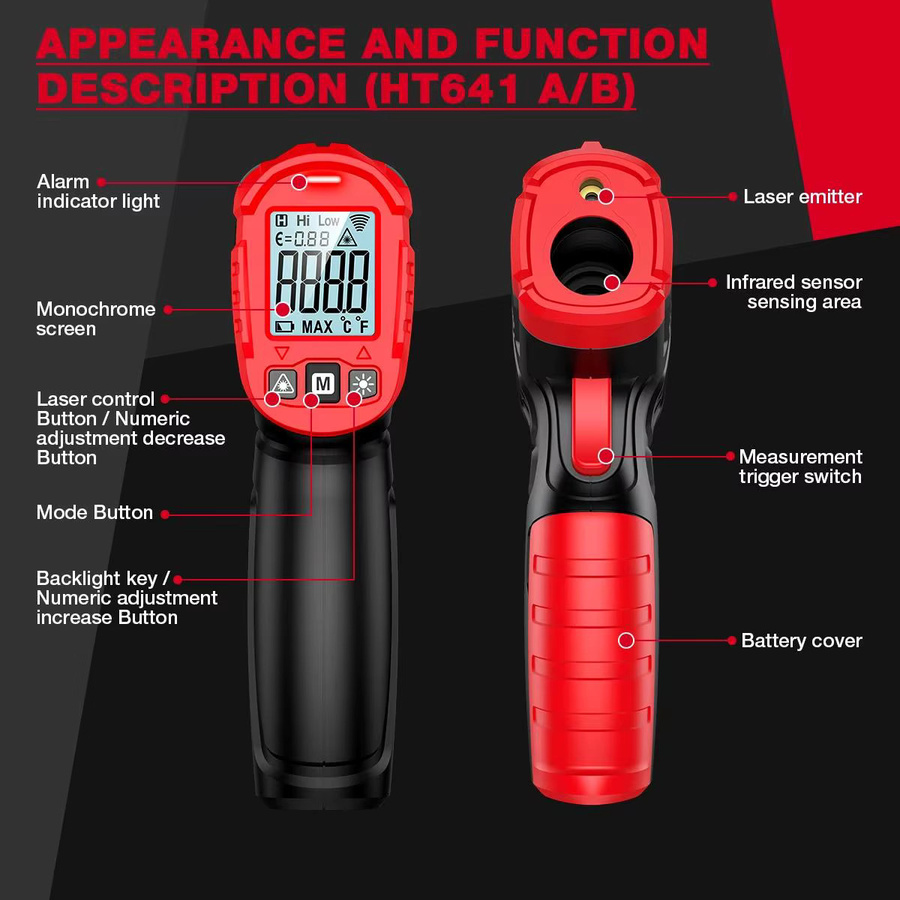 HABOTEST Infrarot-Thermometer HT641A/HT641B/HT641A+/HT641B+ berührungloses Laser-Temperaturmessgerät zur Oberflächenmessung - Bild 2
