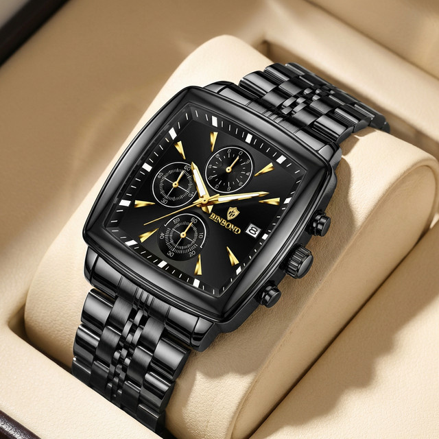 BINBOND Chronograph Herren, Quarz, Edelstahl, Schwarz, Eckig, Datum - Bild 1