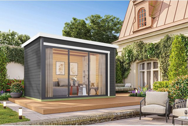 Lasita Holz-Gartenhaus Austin Blockbohlenhaus in Carbongrau lasiert, B/H/T: 379,6 x 239,4 x 259,6 cm - Bild 1