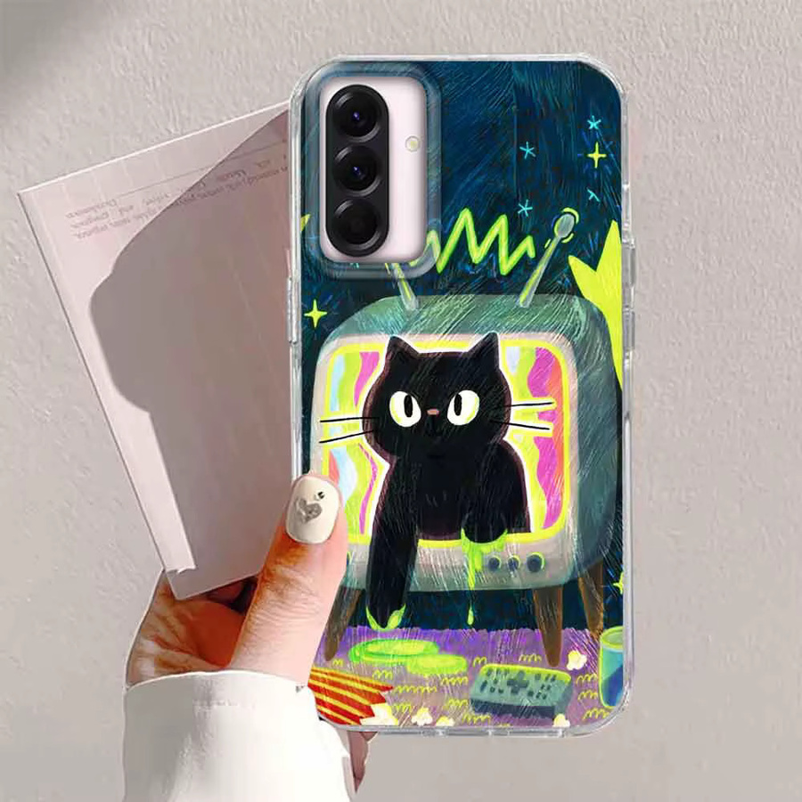 FunYudas Luxus Handyhülle mit Cartoon TV Katze Design für Samsung Galaxy A56 A55 A57 A07 A17 A25 A35 A26 A54 A15 A13 A36 A14 A34 A12 A16 in Schwarz - Bild 2