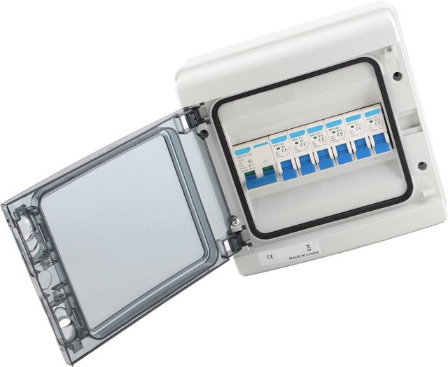 Wasserdichter Verteilerkasten von aimo in Weiß mit 6 MCB (2xB6A, 2xB16A, 2xB32A) und 100A Hauptschalter, 6-fach EU-Stil, 230V - Bild 1