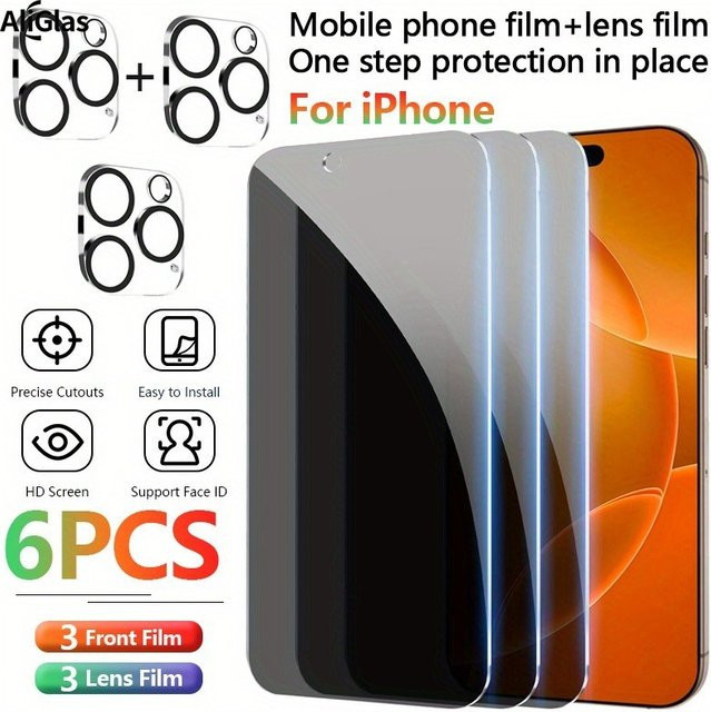 3er-Pack Privacy Panzerglas Display-Schutz mit 3 Kameraschutzfolien für iPhone 11 12 13 14 15 16 17 Pro Max Air in Transparent - Bild 1