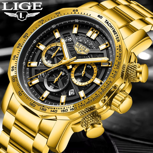 LIGE Chronograph Armbanduhr, Quarz, Edelstahl, Gold, Herren - Bild 1
