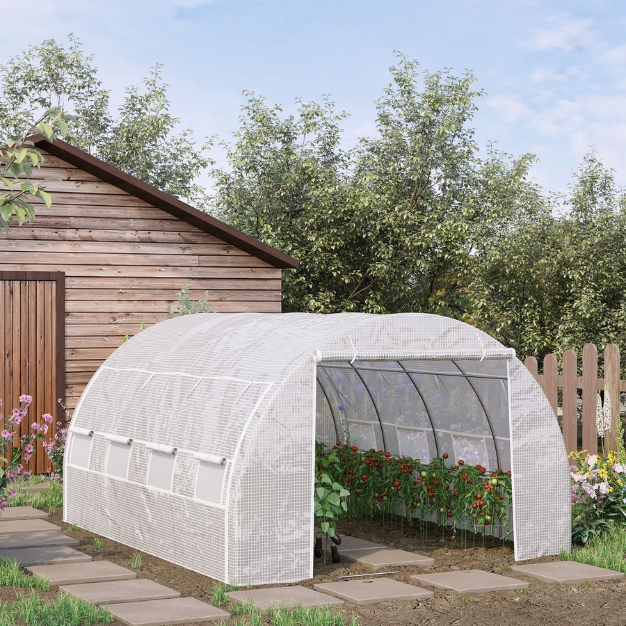 Outsunny Gewächshaus Foliengewächshaus in Weiß mit UV-Schutz und Seitentür aus Stahl, B/T/H: 3,97 x 3,02 x 2 m - Bild 2