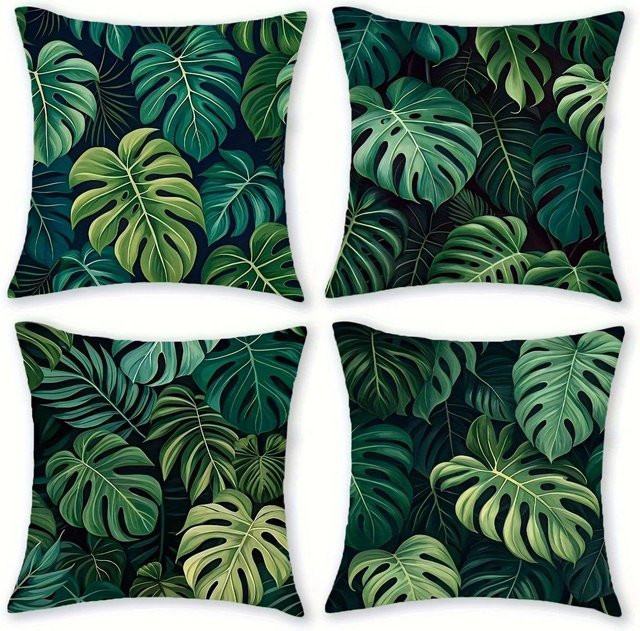 4-teiliges JMG Clothing Dekokissenbezug-Set mit tropischem Monstera-Blatt-Design in Blau und Grün, B/T: 35 x 35 cm - Bild 1