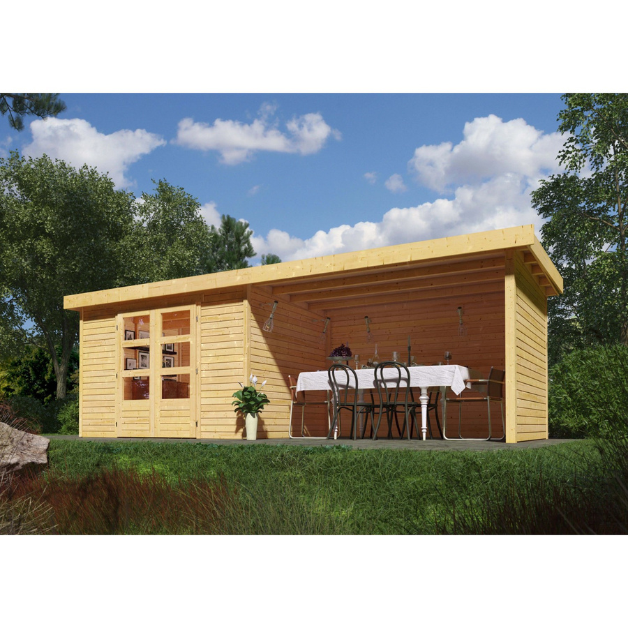 Karibu Gartenhaus Boras aus nordischer Fichte in Natur mit Flachdach und Anbaudach, B/T/H: 298 x 242 x 211 cm - Bild 2