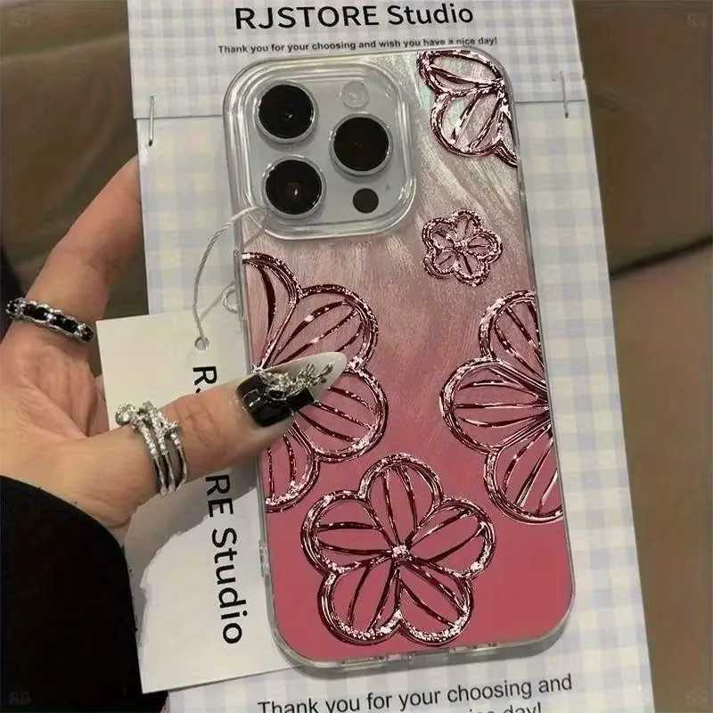 Stilvolle Handyhülle aus Farbverlaufsglas mit Blumenmuster für iPhone 17 16 15 14 13 12 11 Pro Max Plus, stoßfest und rutschfest, in Pink oder Silver - Bild 2