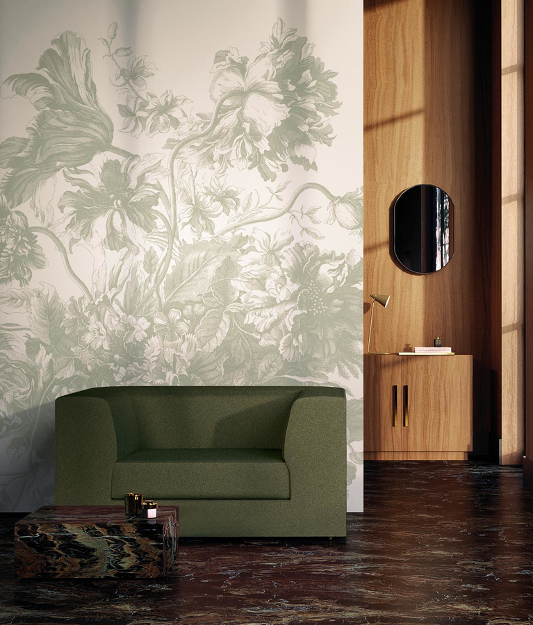 KEK Amsterdam Mural Engraved Flowers Uyterlinde Wandtattoo in Grün und Gold mit floralem Design, Breite: 292 cm - Bild 2