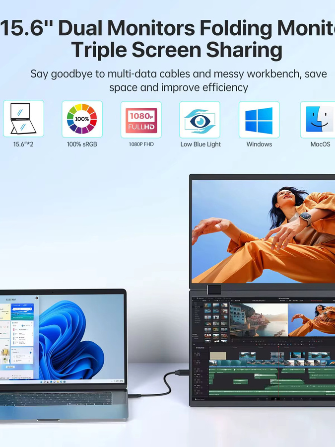 UPERFECT Delta 15,6 Zoll Dual tragbarer Monitor für Laptop, Full HD 1080P HDR, 360 Grad klappbar mit Ständer, Schwarz - Bild 1